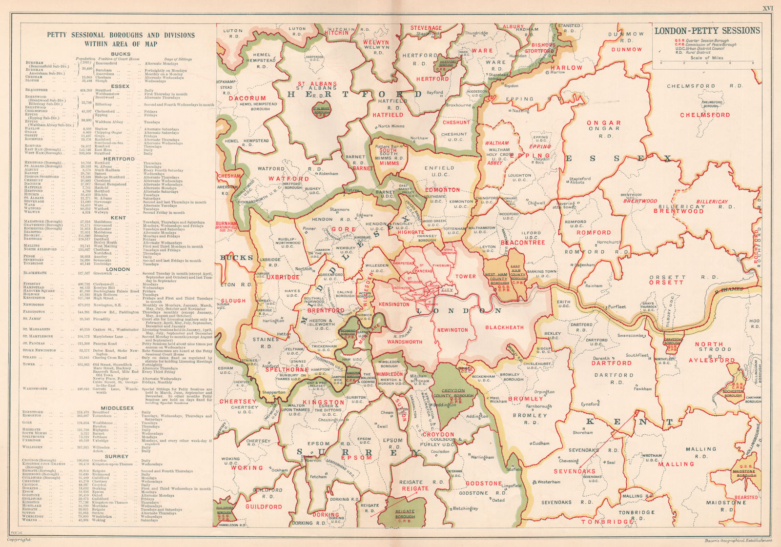 LONDON PETTY SESSIONS/sessional boroughs/divisions. Law. Courts. BACON 1927 map
